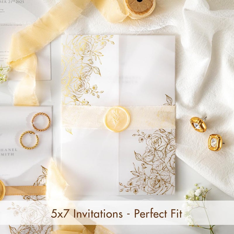 AZAZA 50 Pack Pre-Folded Vellum Jackets for 5x7 Invitations, Gorgeous Translucent Invitation Sleeves,115GSM Vellum Jackets 5x7, Wedding Invitation Accessories,for Weddings Birthdays,Golden Roses - Image 4